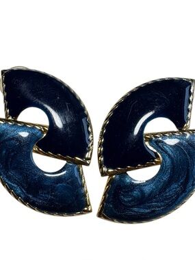 Vintage Gold Tone Stud Pierced Earrings with Dark Blue and Swirling Teal Enamel